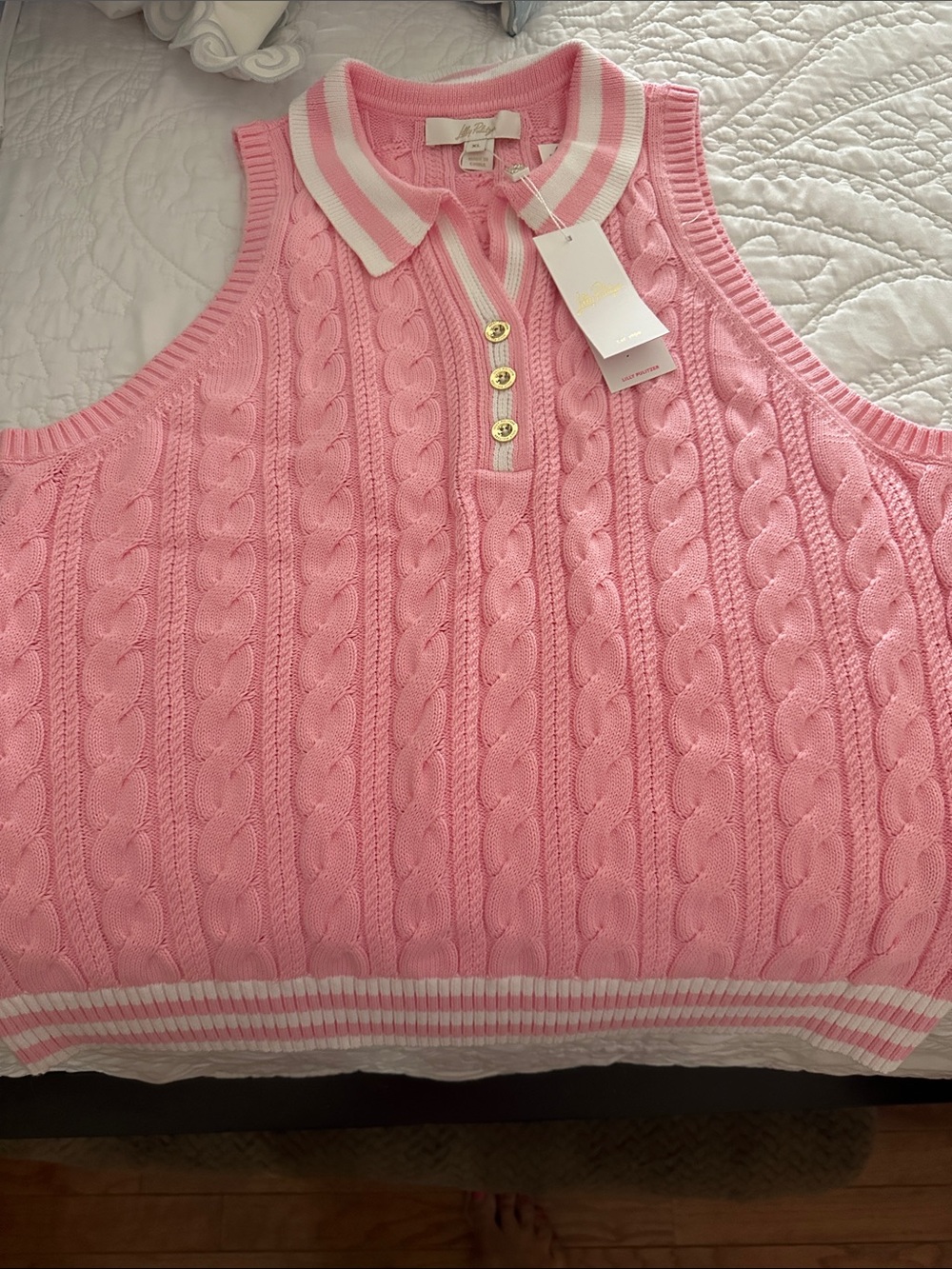 Lilly Pulitzer Pink Cable Knit Sleeveless Polo with White Trim